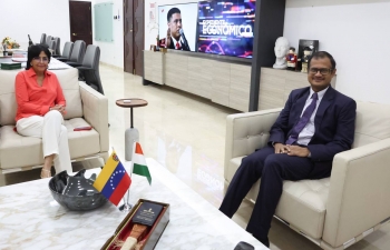 Ambassador Ashok Babu paid a courtesy call on H.E. Ms. Delcy Eloina Rodriguez Gomez, Executive Vice President of the Bolivarian Republic of Venezuela on Friday, 5 January, 2024. They discussed issues of mutual concern and explored ways to further deepen the warm and friendly relations between the two countries.